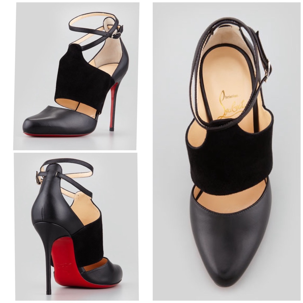 Christian Louboutin Trotter 100 Black Leather Suede Ankle Strap Pumps Heels 8/38